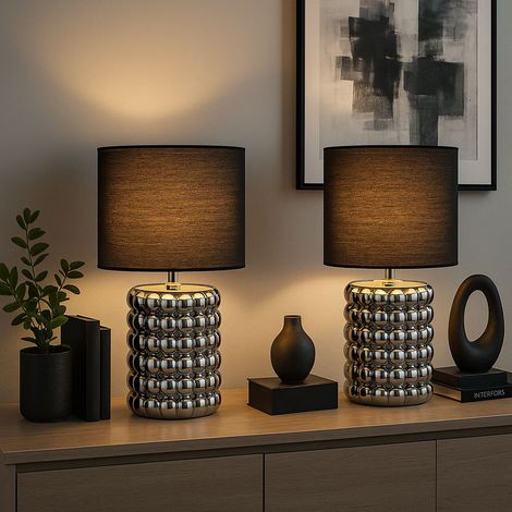 Lampada da tavolo soggiorno lampada da comodino in ceramica cromo nero, paralume in tessuto, 1x attacco E14, DxH 18,5x33 cm (1/5)