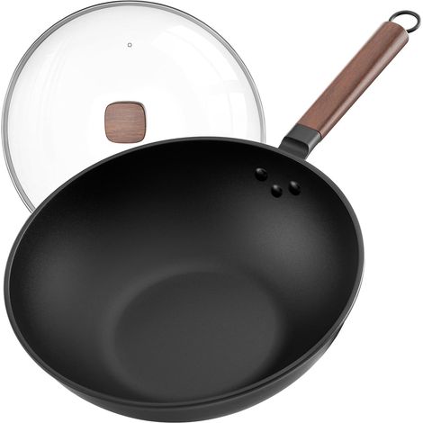 33 cm/13 inch Wok with Glass Lid – Carbon Steel without Chemical Coating, Ideal for Asian Cooking, Compatible with All Induction/Gas/Electric/Ceramic Hobs (1/5)