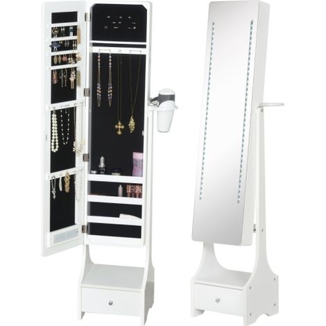 Jewellery Cabinet with Full Length Mirror and LED Lights,Free Standing Design with Storage Hooks,Drawer,and Hairdryer Holder for Bedroom in White