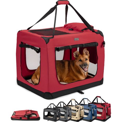 lionto Hundetransportbox faltbar, stabile Stoffbox mit Mesh-Einsätzen, ideal für Auto, Reise & Tierarzt, 82x58x58 cm, dunkelrot