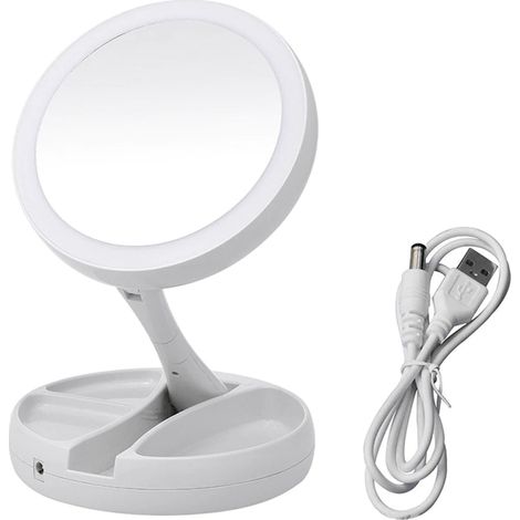 Miroir de maquillage pliable à double face avec éclairage LED et grossissement x10 (1/5)