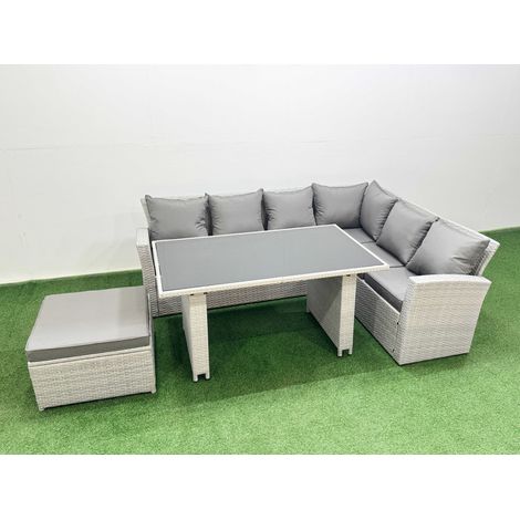 Fimous Outdoor Garden Furniture Sets 7 Seater Wicker Rattan Corner Sofa Sets with Rectangular Dining Table Lounge Sofa Big Footstool Light Grey (1/4)