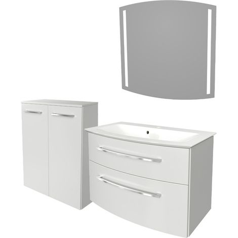 Fackelmann B.STYLE Badmöbel Set mit Waschbecken mit Unterschrank 80 cm breit –  mit LED-Spiegel und Doppel-Midischrank – Badezimmermöbel hängend in Weiß Hochglanz – Badspiegel mit Beleuchtung"-"901911 (1/3)
