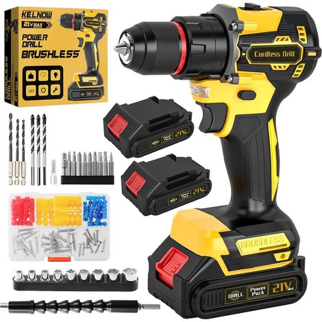 Perceuse Visseuse Sans Fil Brushless 21V, Perceuse Percussion 60 Nm, 2 Batteries 2.0Ah, Mandrin Métal 10 mm, 2 Vitesses 25+3 Couples, Visseuse Dévisseuse avec 87 Accessoires Bricolage (Jaune) (1/5)