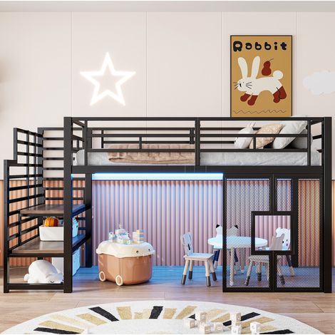 Metall-Hochbett 90 x 200 cm mit Treppe, Stauraum, LED und Fenstern, schwarz OKMYHOME (1/5)