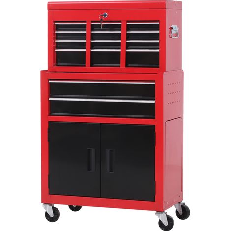 2-in-1-Werkzeugwagen mit Aufsatzbox und Unterschrank, Metall, 61,6 x 33 x 108 cm, Rot