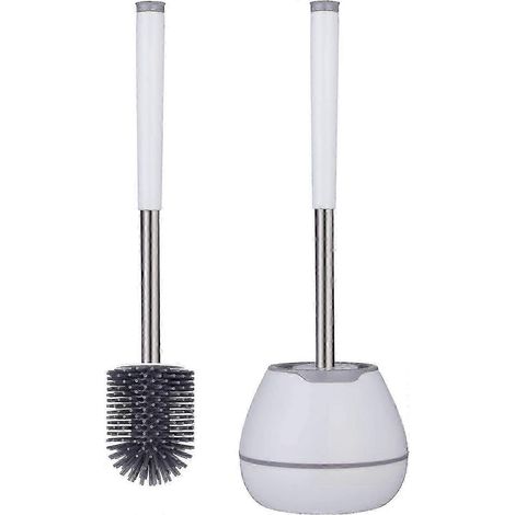 Brosse de toilette, ensemble brosse et support, manche en acier inoxydable avec pince à épiler dissimulée, brosse de toilette moderne et hygiénique en silicone, forme ronde (1/4)
