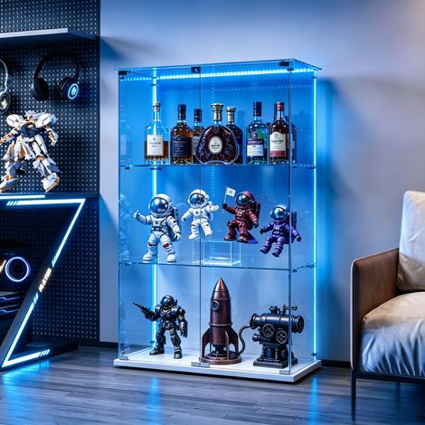 JOOKGBD-Vitrine en Verre avec bande LED,Vitrine pour Collection,casiers,Armoire Vitrine Pour Collection avec 2 Porte 3 étagères Transparent,Meuble VITRINES Verre,Blanc