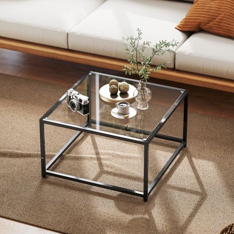 Tavolino da Salotto Quadrato Industriale con Piano in Vetro Temperato e Gambe in Acciaio, per Soggiorno, Nero, 68 × 68 × 39 cm (1/5)
