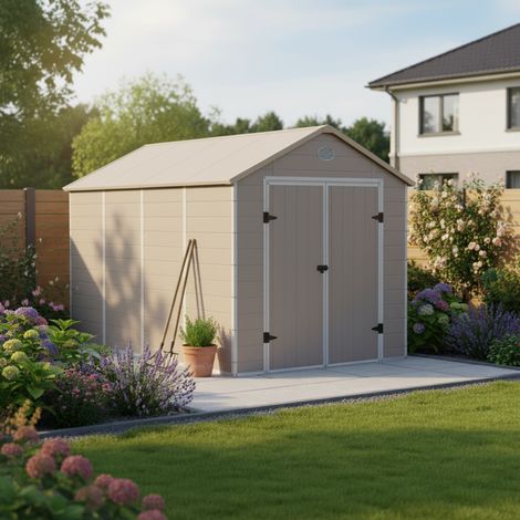 Abri Jardin Résine Beige 8.90m2 Double Porte Kit Fondation Jôbu (1/5)