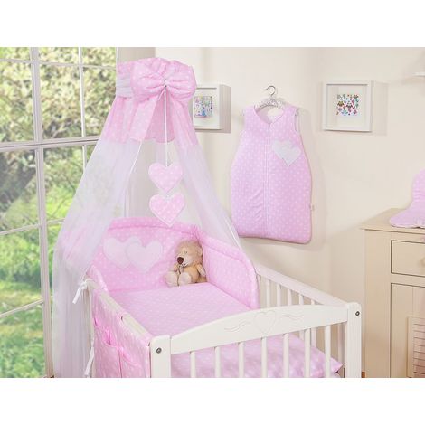 Set di biancheria da letto a 5 pezzi 120x90 con baldacchino - Cuori pendenti, pois bianchi su sfondo rosa (1/5)