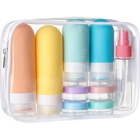 Bouteilles d'eau de voyage avec boîte de rangement, ensemble de voyage, bouteilles d'eau de voyage de 90 ml pour bagage cabine, ensemble de 16 pièces, bouteilles d'eau de voyage en silicone, bouteille (1/5)