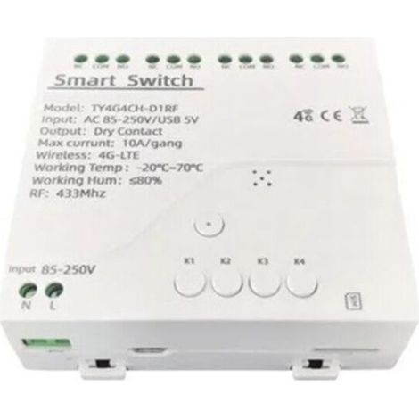Tuya 4G LTE Smart Switch, Relais mit GSM 433 MHz App, drahtlose Steuerung, 4 Kanäle, abnehmbarer Controller, AC 85–250 V