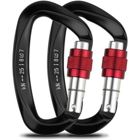 Lot de 2 mousquetons d'escalade autobloquants en D, aluminium et acier inoxydable, pour rappel, sécurité (1/4)