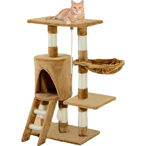 Arbre à chat, construction en bois, hauteur 95 cm, quatre niveaux, accès par échelle, plateforme de nid (1/5)