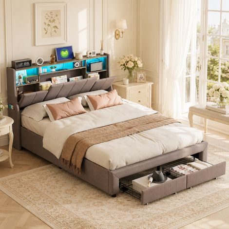 Lit double adulte 160 x 200 - Lit coffre gris avec 2 tiroirs - Tête de lit rembourrée avec espace de rangement - Ports USB et Type-C - Bande LED - Lin (1/5)