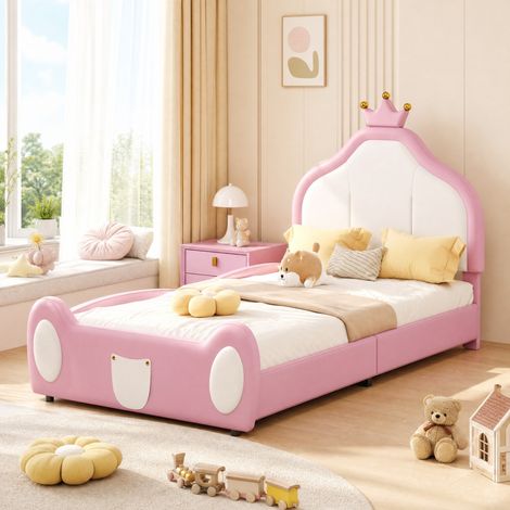 Letto singolo per bambini 90x200 cm in ecopelle rosa, salvaspazio FloraGrace (1/5)