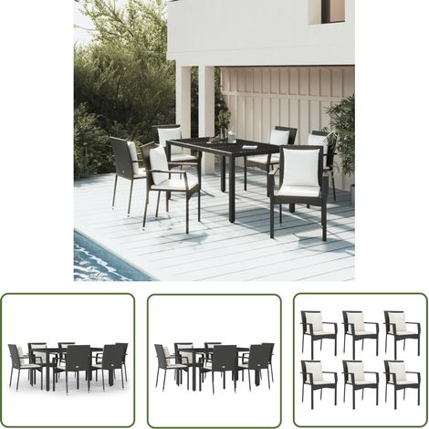 The Living Store 7-tlg. Garten-Essgruppe mit Kissen Schwarz Poly Rattan - Gartenmöbel - Essgruppe - Gartentisch - Gartenstühle - Outdoor Möbel (1/5)