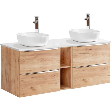 Mueble doble lavabo 140cm 2 nichos April Madera y Blanco (1/4)