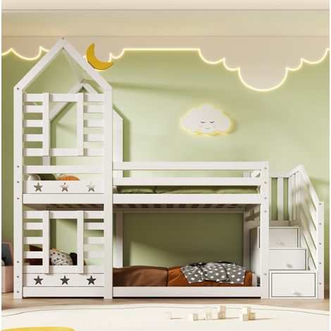 Litera infantil 90x200 cm blanca de madera con cajones, escalera con almacenaje y barrera de seguridad (1/5)