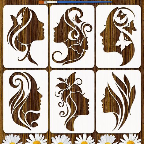 6Pcs Pochoirs Silhouette Femme Avec Pinceau 21x29.7cm Template Silhouette Féminine Artistique Réutilisable Pochoir Silhouettes Visage de Femme Décoratif pour Peinture sur Bois Mur Meuble (1/5)