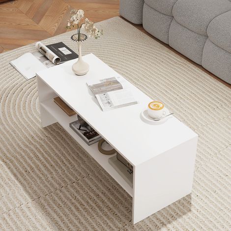 Table basse blanche en bois design, 2 plateaux avec rangement ouvert, dimensions 100x40x41.5 cm (1/5)