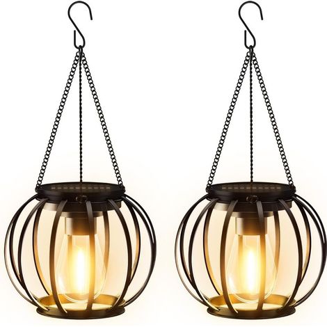 Lampes solaires à suspendre en extérieur, lot de 2 lanternes solaires en métal pour usage extérieur avec grande ampoule LED, lampes solaires étanches IP65, décoration de jardin avec crochet et chaîne (1/5)