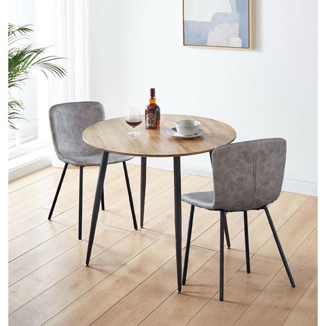 Hallowood Furniture Cullompton Small Round Dining Table and Chairs Set 2, Brown Oak Effect Top Kitchen Table and 2 Chairs in Upholstered Taupe Faux Leather with Metal Legs for Home, Office & Café