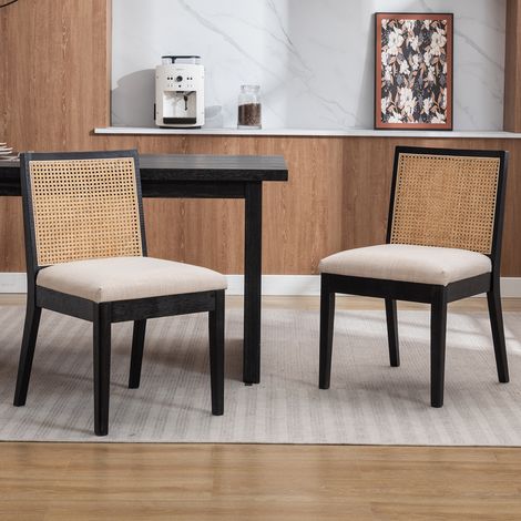 Wahson 2er-Set Esszimmerstuhl aus Leinenstoff, Retro Massivholzrahmen mit natürlicher Rattan Rückenlehne weichem für Esszimmer Küche Wohnzimmer, Schwarz