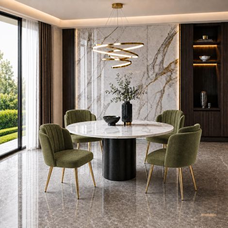 Sedia da pranzo - 62 x 58.5 x 78 cm - set di 4 poltrone imbottite con schienale curvo, piedini regolabili, struttura dorata - stile moderno - poliestere, metallo - verde (1/5)
