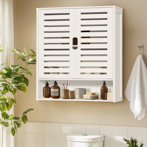 Bamboo Bathroom Wall Cabinet Storage 2 Door Cupboard 3 Shelves - White (1/5)