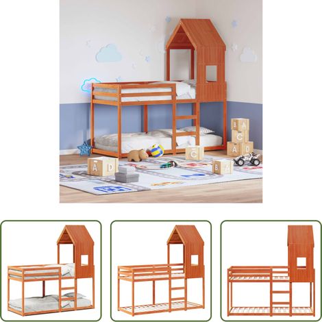Kinderzimmer -  Etagenbett mit Dach Wachsbraun 90x200 cm Massivholz Kiefer