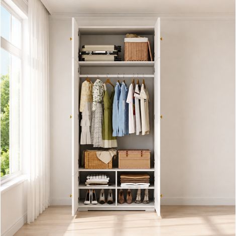 Kleiderschrank mit Kleiderstange und 5 Fächern 90 x 50 x 200 cm Weiß OKWISH (1/5)