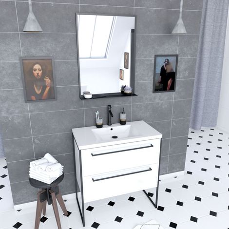 Pack mueble baño 80x50 blanco - 2 cajones-lavabo blanco + espejo negro mate