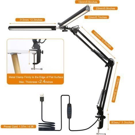LED-Schreibtischlampe, Doppelkopf-Schreibtischlampe, 5 Farbmodi, 5 Helligkeitsstufen, flexibler Schwanenhals und platzsparende Klemmleuchte, Tischlampe, Schwarz (1/4)