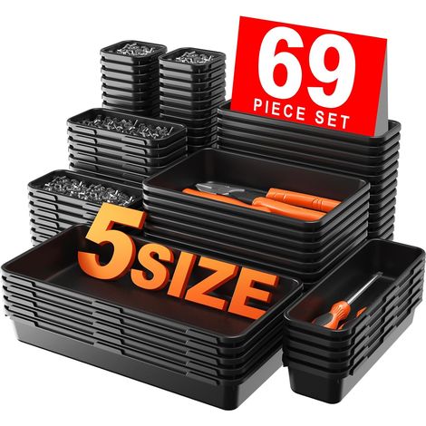 69 Pièces 5 TAILLES Organisateur de Tiroirs, Servante d'Atelier, Caisse à Outil Complète, Séparateur Tiroirs pour Rangement Garage, Boîte à Outils, Atelier, Caisse Rangement, Salle de Bain (1/5)