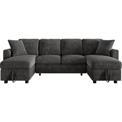 Sofá cama U de chenilla gris con almacenaje y puertos USB y Type-C 260 x 128 x 82 cm (1/5)
