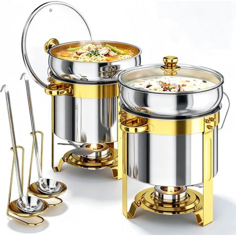 Lot de 2 coccinelles à soupe rondes en acier inoxydable, 11 l, chauffe-soupe avec couvercle transparent et réservoir à carburant, serveur de buffet de grande capacité pour fêtes, mariages (1/5)