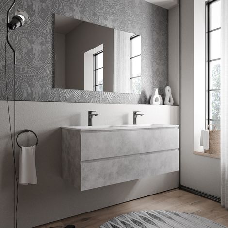 BERNSTEIN - Meuble double vasque suspendu MDF aspect béton, 2 lavabos fonte Blanc mat + trous robinets - 120x46x50cm - AVA CREAM Béton, Blanc mat avec trou pour robinetterie