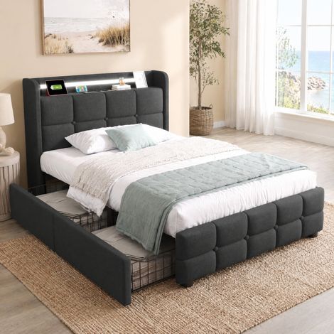 Letto singolo 90x200 cm grigio in tessuto e ferro con LED, prese USB, cassetti e materasso (1/5)
