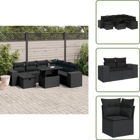 The Living Store Salon de jardin 8 pcs avec coussins noir résine tressée - Salon De Jardin - Mobilier De Jardin - Set Salon De Jardin - Table Extensible - Chaise Lounge (1/5)