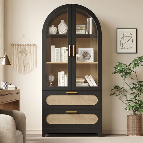Vitrine 175 x 80 x 40 cm 2 tiroirs Meuble de Rangement étagères réglables design rétro finition noire (1/5)