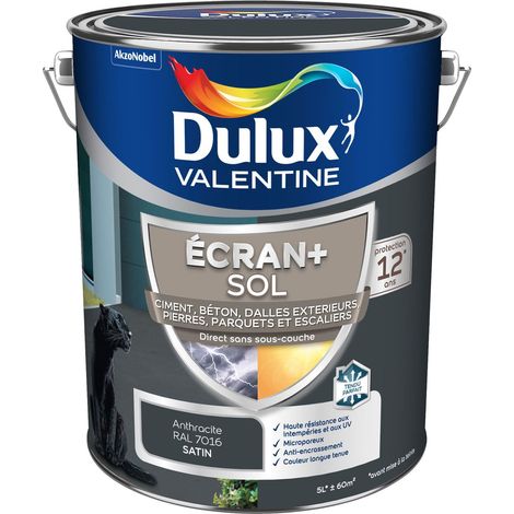 Ecran+ Sol - Peinture solvantée pour sols Intérieur et Extérieur - Ciment, béton, dalles, parquets et escaliers - Satin Gris Anthracite 5 L - Dulux Valentine