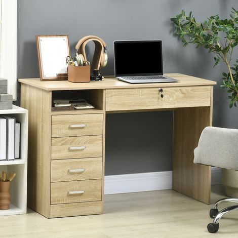 Bureau en bois pour chambre ou bureau avec 2 tiroirs et 2 clés, 110 x 50 x 76 cm, blanc (1/5)