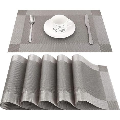 Sets de Table PVC Antidérapant Lavable Résiste à la Chaleur Rectangulaire Vinyle pour Restaurant, Cuisine ou Salle à Manger, 45 x 30 CM Lot de 6 (Gris+ Argenté) (1/5)