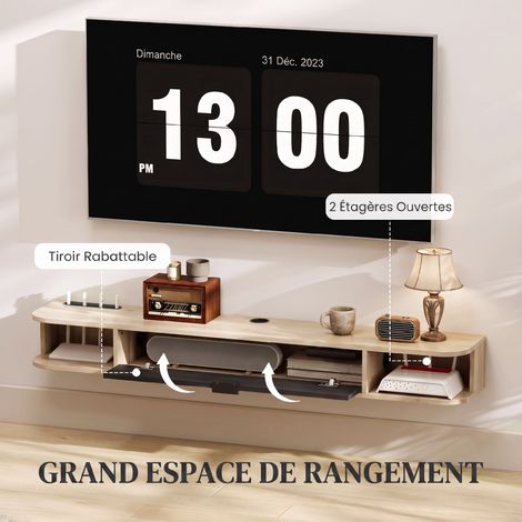 Meuble TV suspendu, meuble télé pour téléviseur jusqu'à 60 pouces, tiroir rabattable 2 étagères 140x24x16cm bois naturel (1/5)