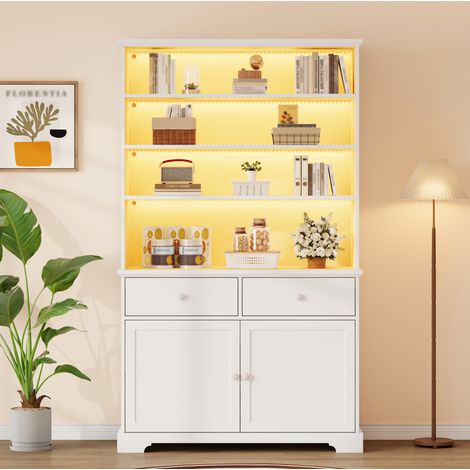 Vitrine 100x38x170 cm blanc en panneaux de particules avec LED, 2 portes, 2 tiroirs et 7 espaces de rangement (1/5)
