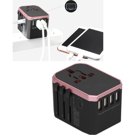 Internationaler Reiseadapter mit 4 USB-Anschlüssen + USB-C-Anschluss für China (Pink) – ABS – 2000 W (1/5)