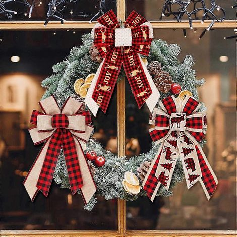 Lot de 3 nœuds de Noël à carreaux Buffalo, nœuds pour couronne de Noël avec motif d'élan, nœuds en ruban à carreaux Buffalo, décorations pour sapin de Noël et fournitures pour bricolage de Noël (1/5)