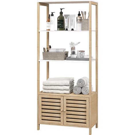 Badezimmer-Aufbewahrungssäule aus Bambus mit 3 Ablagen und 1 Schrankfach, 63 x 30 x 138 cm, naturweißes Holz